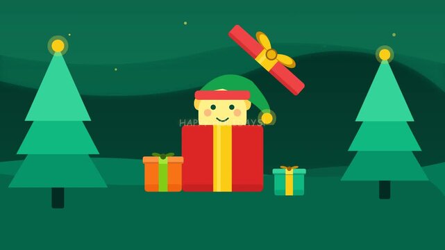 Animated Christmas gift box surprise with elf popping out beneath aurora waves and magical glowing green trees