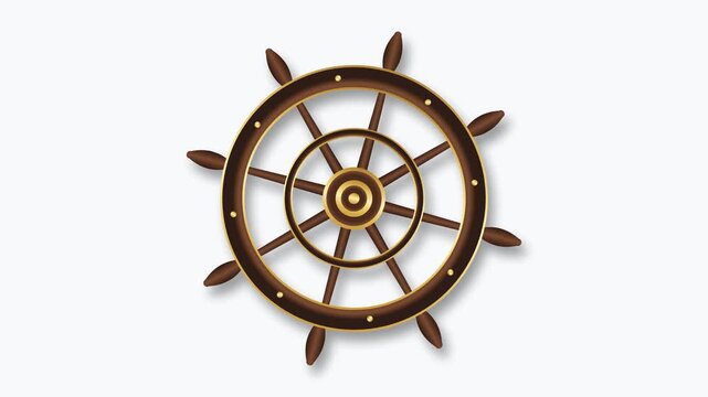 Animated nautical ship steering wheel spinning steadily with detailed wooden helm design on navy blue background