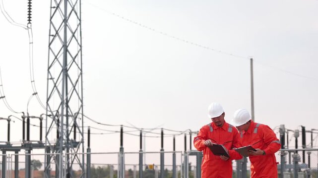 Two Asian male utility operators running renewable clean electricity farm system outdoor. Safety engineering experts monitoring ecological green windmill power turbine network.