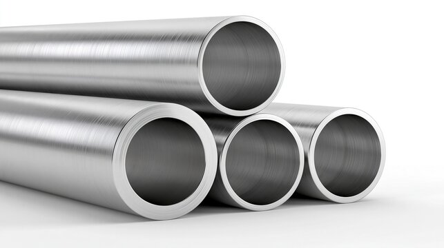 Group of four brushed stainless steel pipes with different diameters stacked together on plain white background for industrial metal material projects