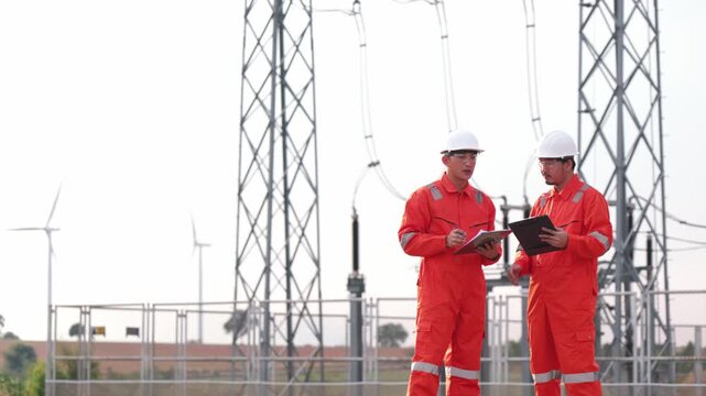 Professional Asian renewable energy experts planning ecological turbine system project inside farm. Two industrial safety technicians reviewing green clean electricity power.