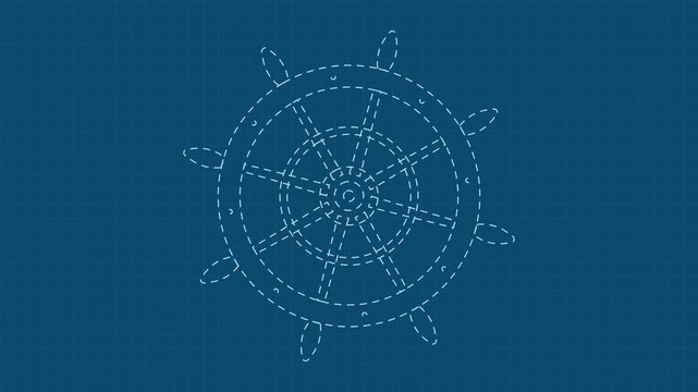 Animated blueprint technical schematic of a nautical ship steering wheel spinning on engineering blue grid
