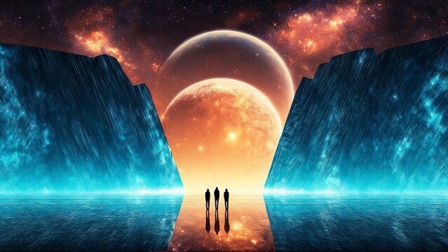 Three Figures Gazing At Dual Planets In Space