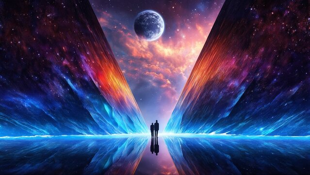 Silhouettes Under Cosmic Sky With Alien Planet