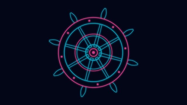 Animated neon glowing nautical ship steering wheel spinning with bright cyan helm outline on dark background