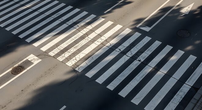 White zebra pedestrian crossing painted on urban asphalt road. Traffic infrastructure and city safety concept. Tree shadows falling across empty street intersection.