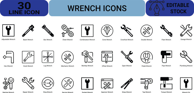 Set of 30 wrench line icons featuring adjustable basin box chain combination cone crowfoot double flare garage hex hook lug mechanic monkey and more.