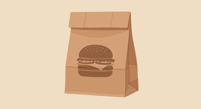 Brown Paper Takeaway Bag with Burger Illustration on Isolated Background