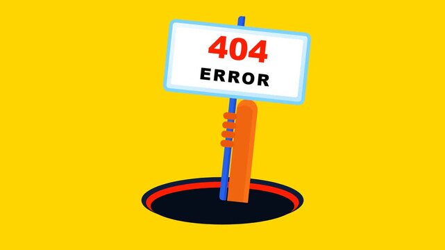 Animated 404 error page illustration with hand making stop sign gesture and floating broken page elements