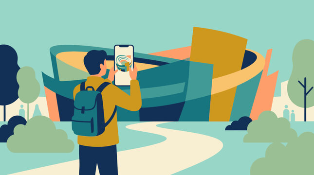 Backpacker using smartphone navigation at tourist site.