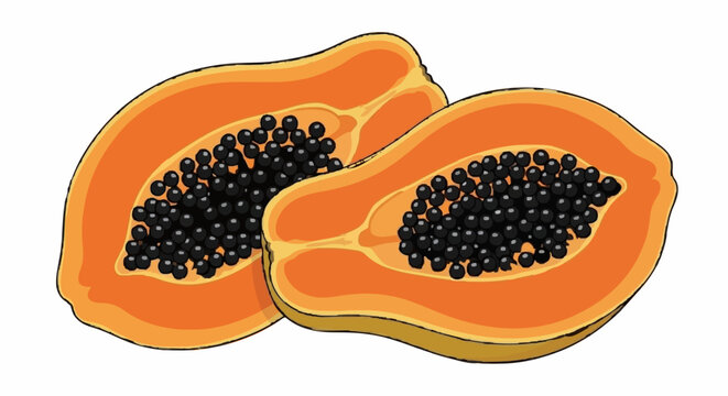 Sliced ripe papaya halves with black seeds on white background