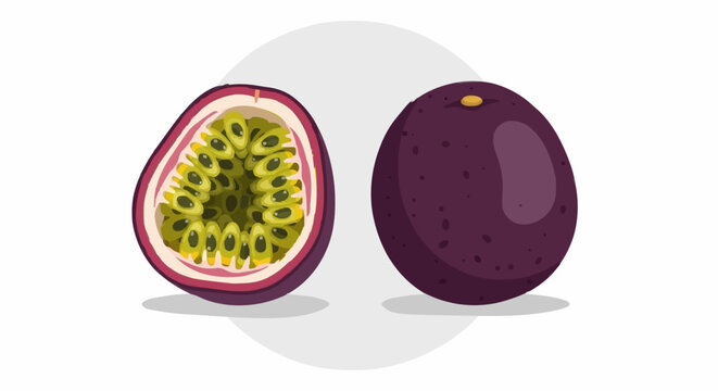 Fresh passion fruit cut open showing juicy seeds and purple skin illustration