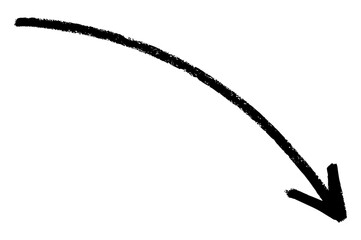 Fototapeta premium Textured black charcoal arrow curving downwards and to the left on a clean white background, symbolizing direction, decline, or movement.