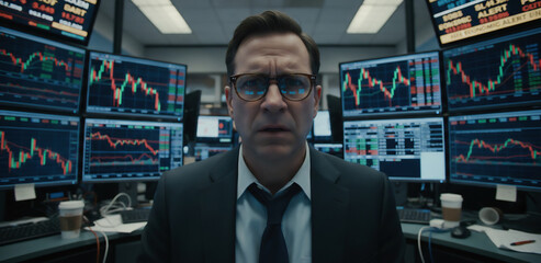 Fototapeta premium Financial analyst monitoring stock market data and trading charts in a modern control room, illustrating investment strategy, market volatility, and global finance