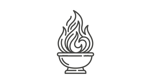Traditional ceremonial fire pot with rising flames line drawing.