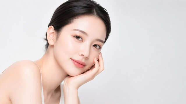 やわらかな光に包まれた透明感のある若い女性の美容ポートレート。頬に手を添えて微笑むナチュラルな表情と、なめらかな素肌の美しさを引き立てた、スキンケア・美容医療・化粧品広告に使いやすい上品で清潔感のあるコピースペース付き人物素材