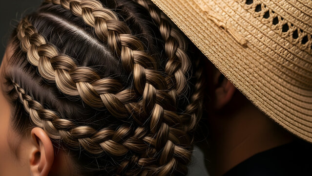 Close up view of intricate blonde braided hairstyle and a straw hat highlighting fashion and beauty styling