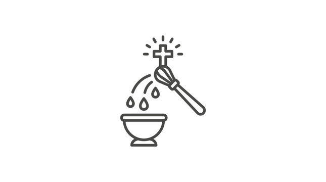 Aspergillum sprinkling holy water over religious bowl icon.