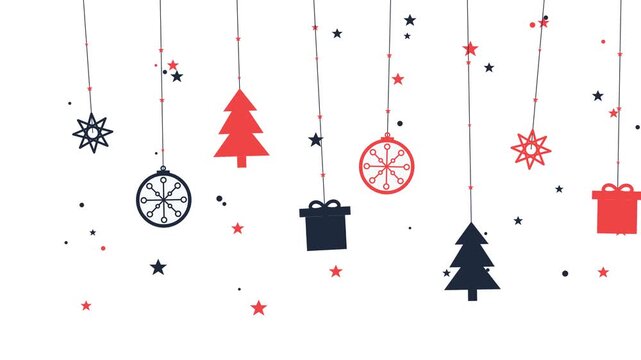 Minimalist geometric Christmas hanging ornaments with swinging pendulum baubles stars and snowflakes on white background