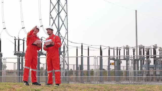 Aged Asian technical operators facing eco energy clean system field outdoors near green turbines. Two male utility engineering workers discussing clean alternative electricity.