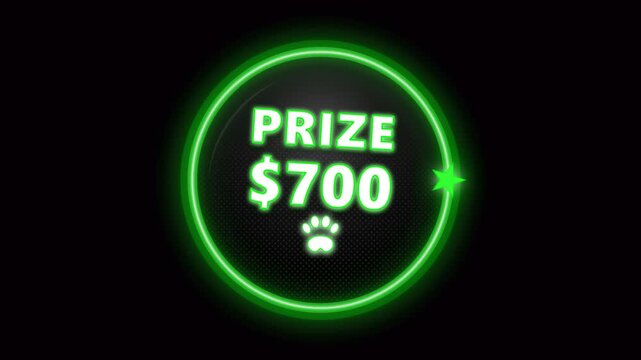 Neon glowing green PRIZE $700 paw print badge pulsing with light flare on dark spherical textured background
