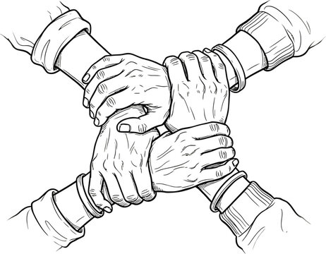 Four hands stacked together in a symbol of unity and teamwork