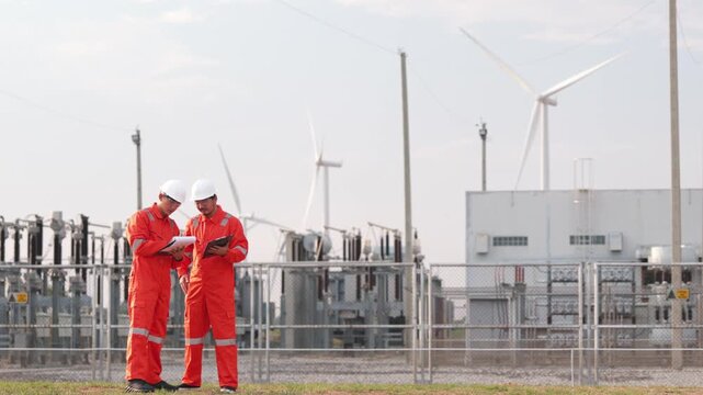 Two Asian safety helmet engineers reviewing green utility layout plan inside wind turbine farm. Industrial technical experts evaluating renewable clean power generator system.
