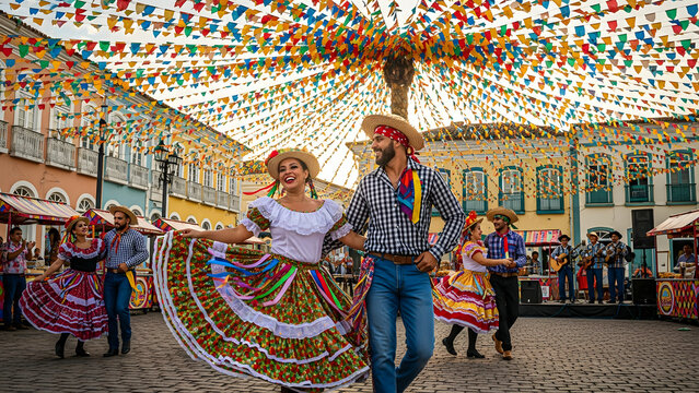 Traditional Brazilian Festa Junina celebration with couples dancing in colorful costumes at a festive town square with bunting flags