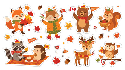 Fototapeta premium Cute forest animals celebrating canada day with autumn leaves and festive stickers