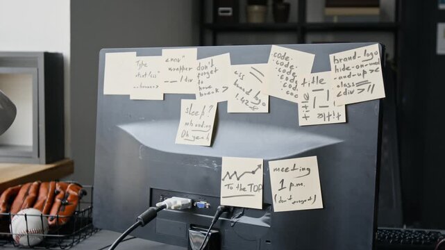 Computer monitor displaying sticky notes with handwritten programming code and meeting reminders in office. Video suits software development and IT startup promotional content