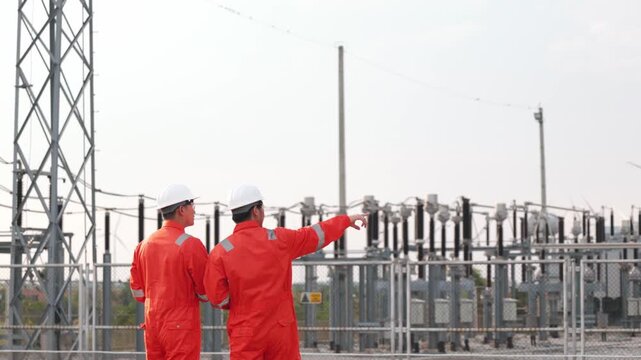 Two Asian industrial workers standing under huge windmills generator field station outdoor. Focused engineering professionals evaluating renewable clean energy power layout.