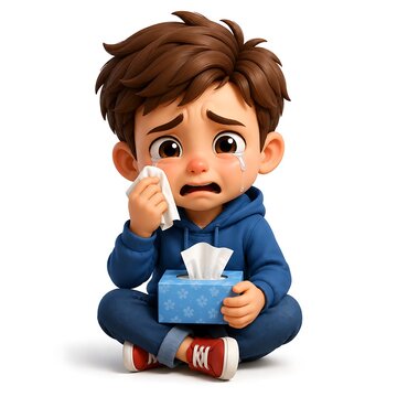 Sad cartoon boy, crying, blowing nose, tissue box, blue hoodie