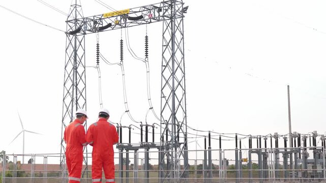 Aged Asian safety workers operating modern orange suit technology inside turbine power farm location. Two male industrial engineers conducting high tech utility systems inspection.