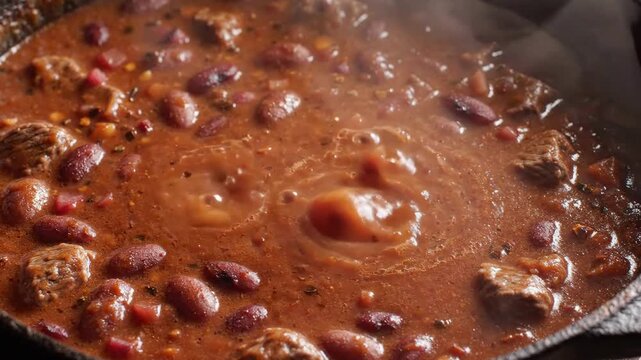 Hearty beef and kidney bean chili simmering in cast iron