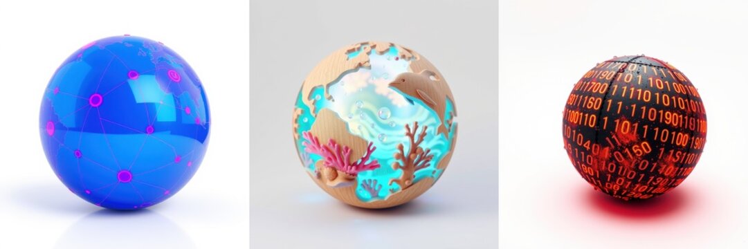 Three spherical objects represent concepts. Blue shows network, beige depicts earth, red displays digital code.