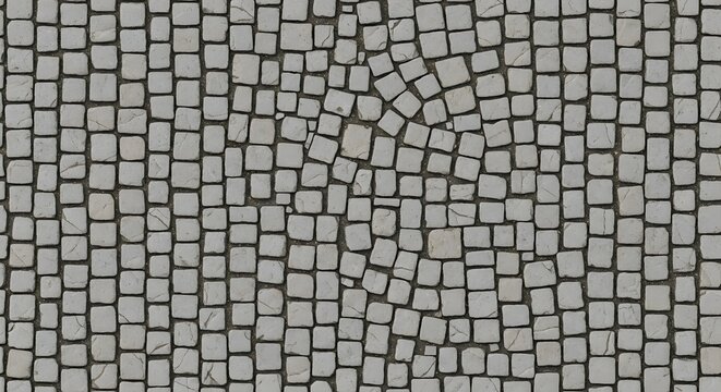 Top down cobblestone pavement texture. European street walk and historic architecture pattern. Small square grey stones interlocking to create a sturdy pedestrian walkway.