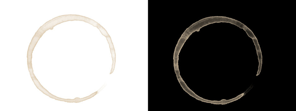 Circular coffee ring stain textured edge isolated on white and black