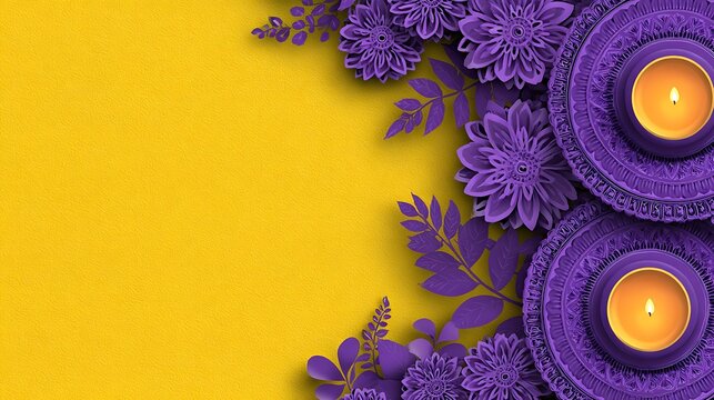 Purple and yellow mandala patterns with golden circle center and intricate floral