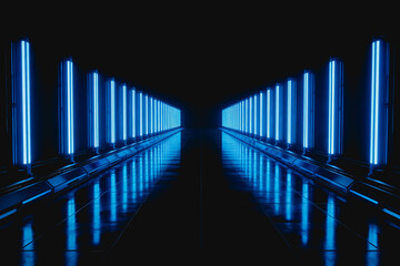 Fototapeta premium A symmetrical dark corridor lined with bright blue neon lights, creating sharp reflections on a polished floor, evoking a futuristic tech atmosphere.