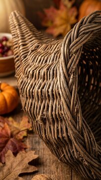 Woven wicker cornucopia on wooden table with autumn leaves and pumpkins for harvest celebration