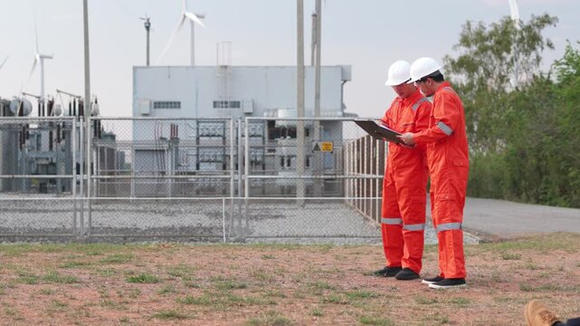 Corporate Asian renewable energy experts reviewing drone data on tablet screen inside wind farm. Technical safety engineers analyzing ecological clean electricity generation.