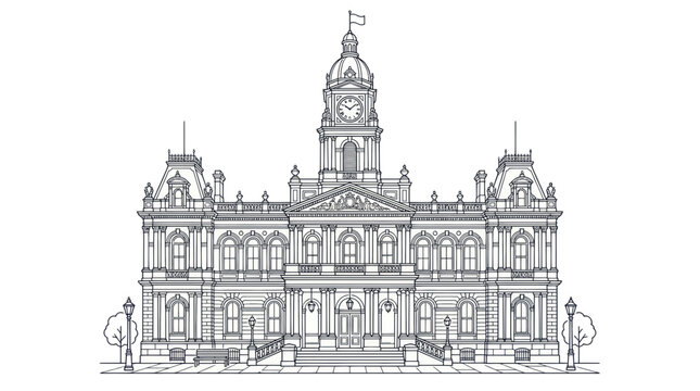 Architectural Drawing of Historic Building Facade with Clock Tower and Columns