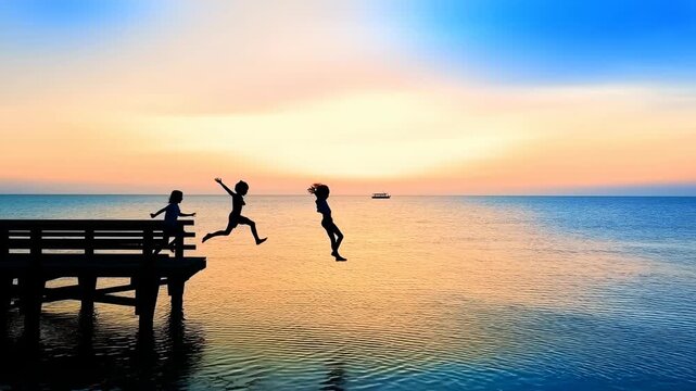 Children playing joyfully on a pier at sunset, capturing the essence of carefree childhood and the beauty of nature