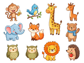 Fototapeta premium Adorable Cartoon Animal Collection PNG in Children’s Illustration Style for Kids Design Assets