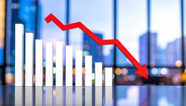 3D bar graph with red arrow showing decline trend