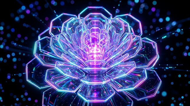 Futuristic Neon Octagonal Bloom with Glowing Particles in Dark Abstract Background