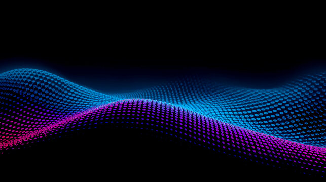 An abstract 3D digital wave landscape composed of glowing blue, purple, and pink neon dots against a dark black background, creating a high-tech data visualization effect.