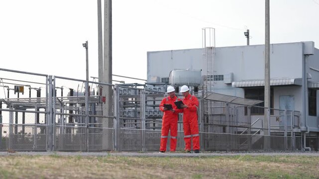 Corporate Asian technical crew using modern handheld tablet device inside turbine power farm. Two male industrial engineers tracking green clean electricity system performance.