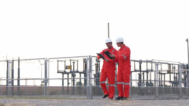 Focused Asian utility operators tracking automated inspection drone inside turbine power field. Two male safety engineers reviewing clean alternative electricity plant solution.