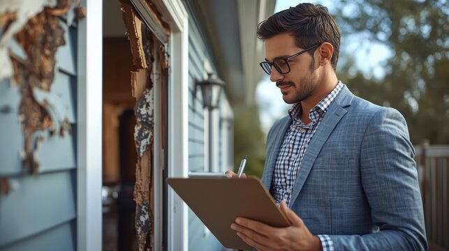 Insurance Adjuster Inspecting House Damage with Clipboard
